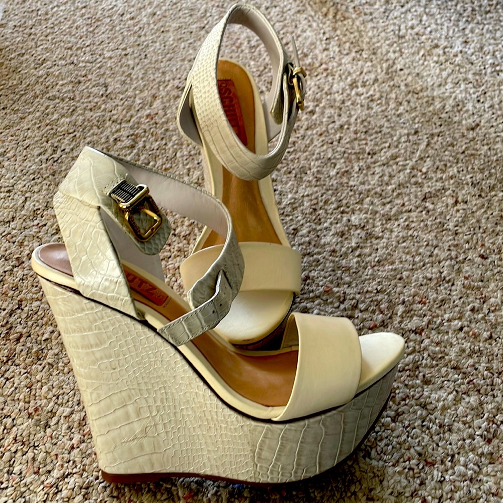 Schutz White Crocodile Wedges